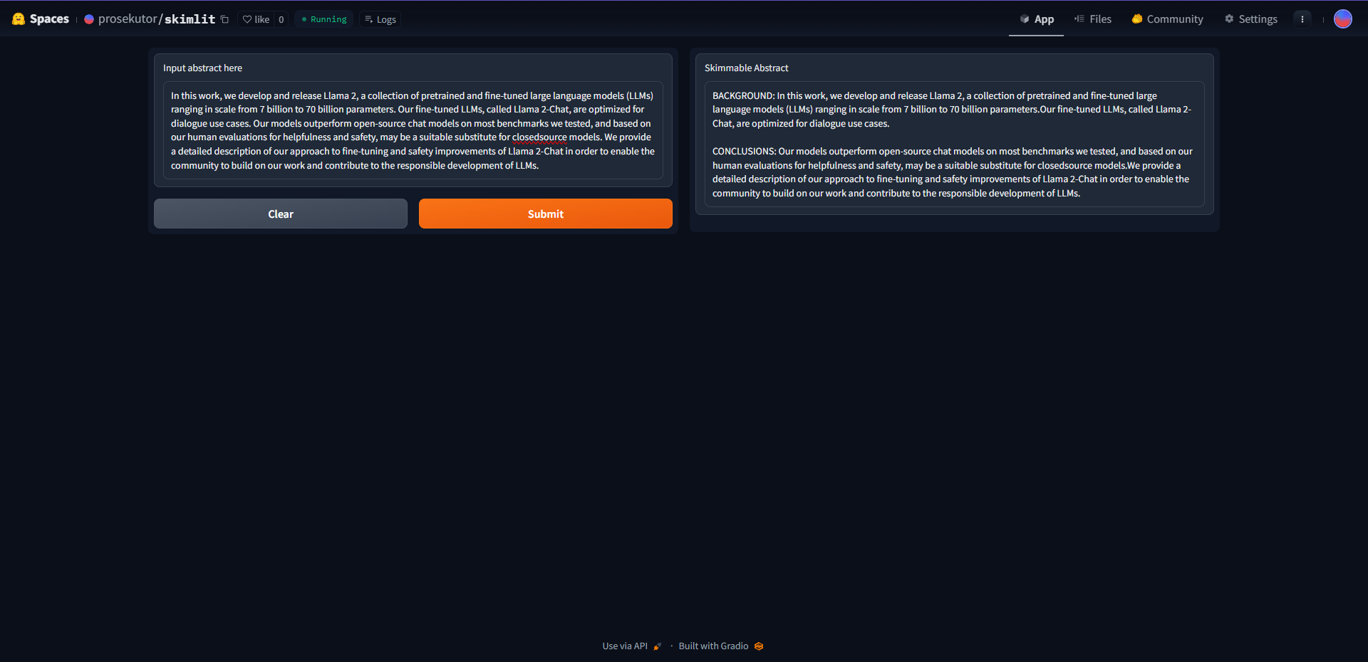 skimlit in action with llama-2 abstract as its input